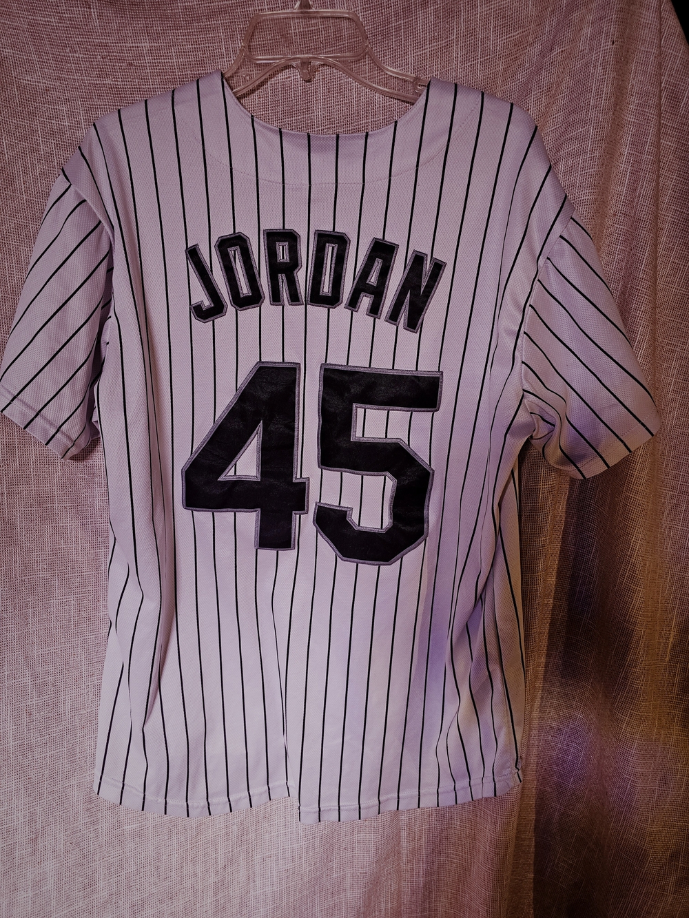 Jordan White Pinstripe Jersey with Black Lettering